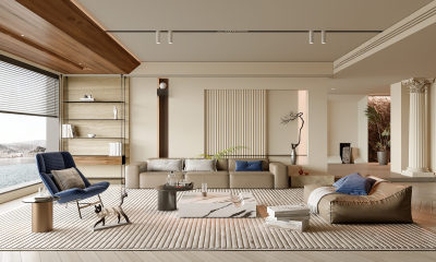 现代奶油风家居客厅 奶油风 沙发 沙发组合 茶几 置物架 摆件 绿植 书本